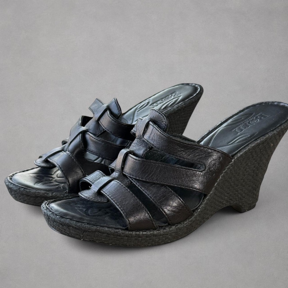 Born black leather wedge slide sandals. Genuine leather upper